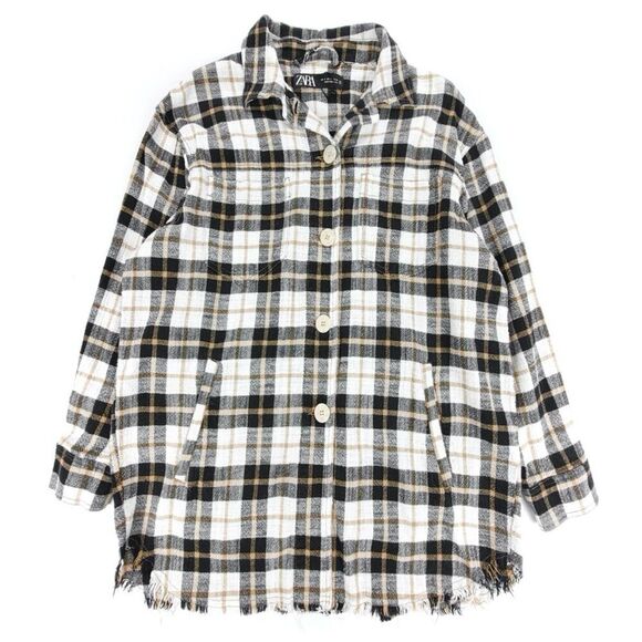 ZARA Oversized Long Tunic Button Down Shirt Jacket Shacket Tan Plaid Boho Small - Picture 1 of 8